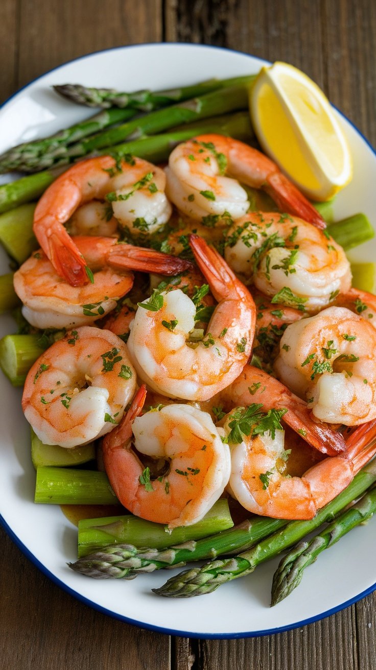 Garlic Butter Shrimp with Asparagus Delight Garlic butter shrimp with asparagus garnished with parsley and lemon, served on a rustic wooden table.