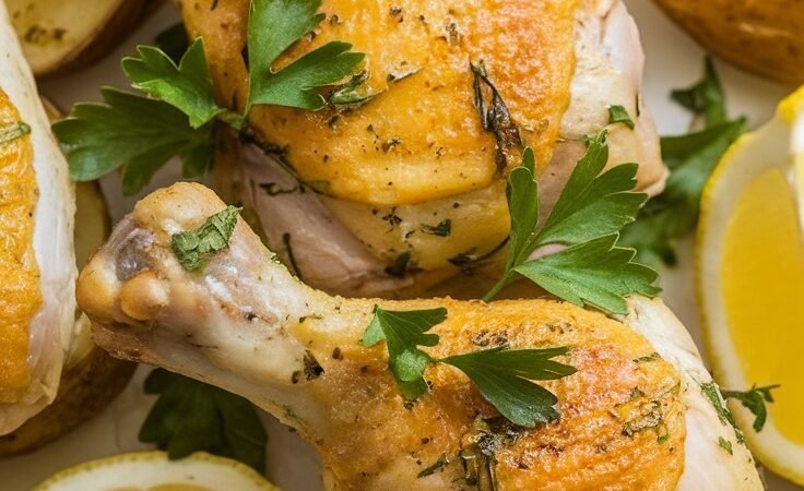 Zesty Lemon Herb Chicken Drumsticks with Crispy Roasted Potatoes