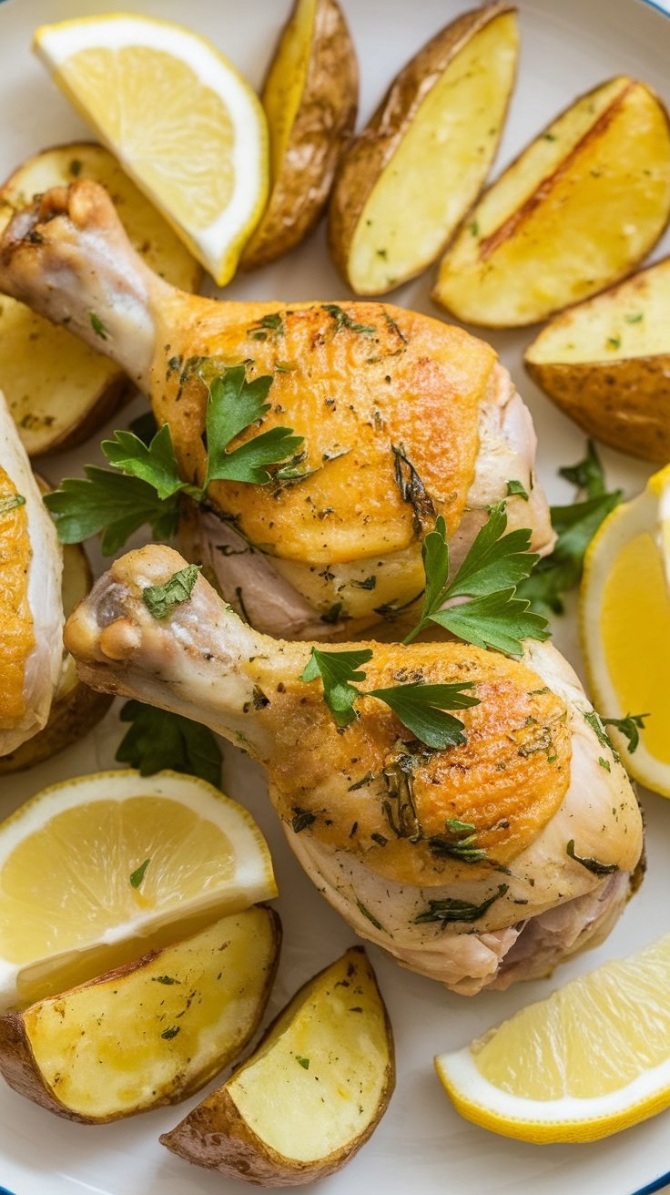 Zesty Lemon Herb Chicken Drumsticks with Crispy Roasted Potatoes