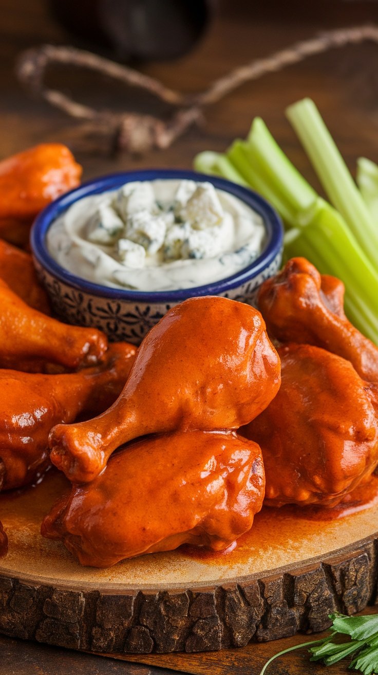Spicy Buffalo Drumsticks with Creamy Blue Cheese Dip