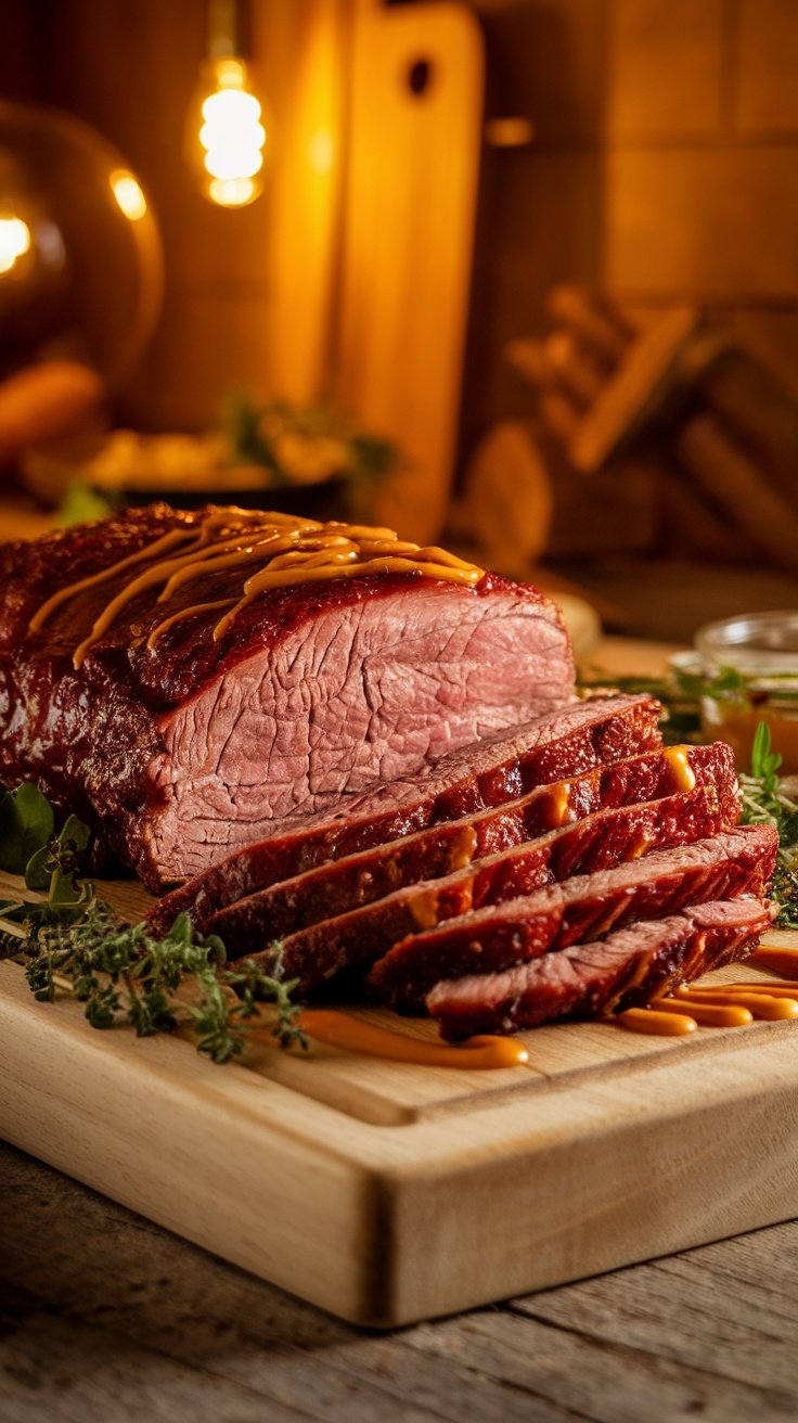 Honey Mustard Glazed Beef Brisket Recipe Honey mustard glazed beef brisket on a cutting board with herbs, showcasing tender slices and a glossy glaze.