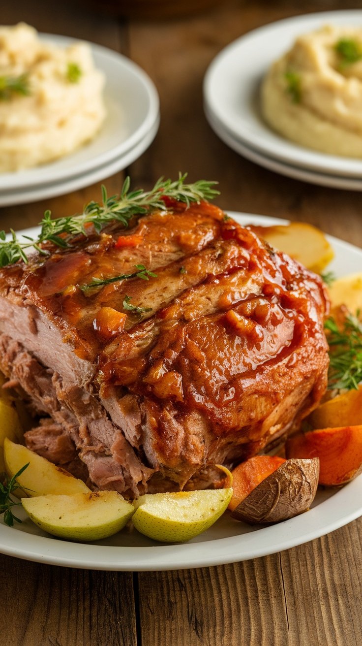 Tender Slow-Roasted Pork Shoulder with Apple Cider Glaze Slow-roasted pork shoulder with apple cider glaze, garnished with herbs, served with roasted vegetables on a rustic wooden table.