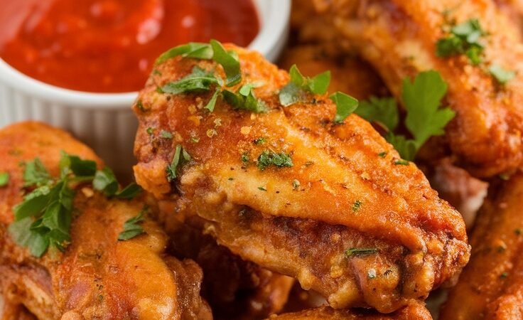 Crispy Garlic Parmesan Chicken Wings with Marinara Sauce